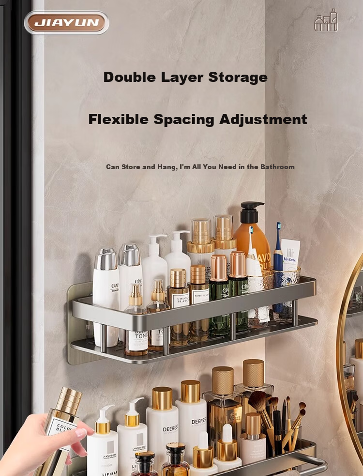 Xinpei Space Aluminum No-Drill Storage Rack, Bathroom Kitchen Wall-Mounted Shelf, Square Heavy-Duty Adhesive Rust-Proof Organizer 4