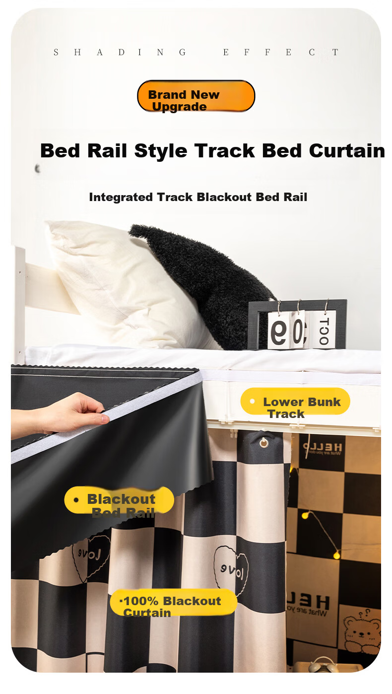 Mengshina Dormitory Bed Curtain Lower Bunk U-Shaped Track Strong Light-Blocking Student Curtain Black Check Bear / 2 Panels + Bed Valance 6