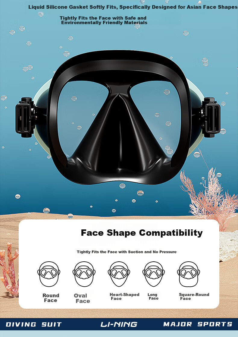 LI-NING Full Dry Snorkel Mask Anti-Fog Diving Goggles Adult Snorkeling Swimming Gear Black Green 9