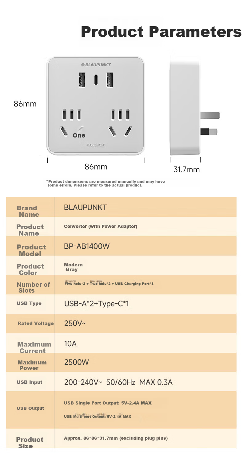 BLAUPUNKT Socket Extender, 86 Panel Multi-Outlet Adapter, One-To Converter, Multifunctional Plug-In Wireless Power Strip with USB+Type-C 14