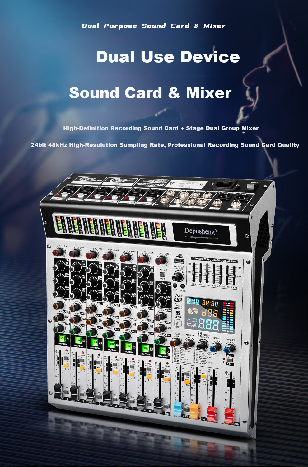 Depusheng 8-Channel Professional Mixer with Grouping, Stage Conference Wedding Bar Training Campus, 99 Digital Reverb Types, MP3 Bluetooth, 48V Phantom Power, Equalizer, USB Sound Card, AUX Output TX- 1