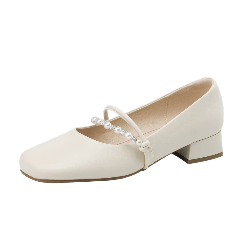 Daphne Women's French Style Leather Mary Jane Low Block Heel Shoes Beige 38