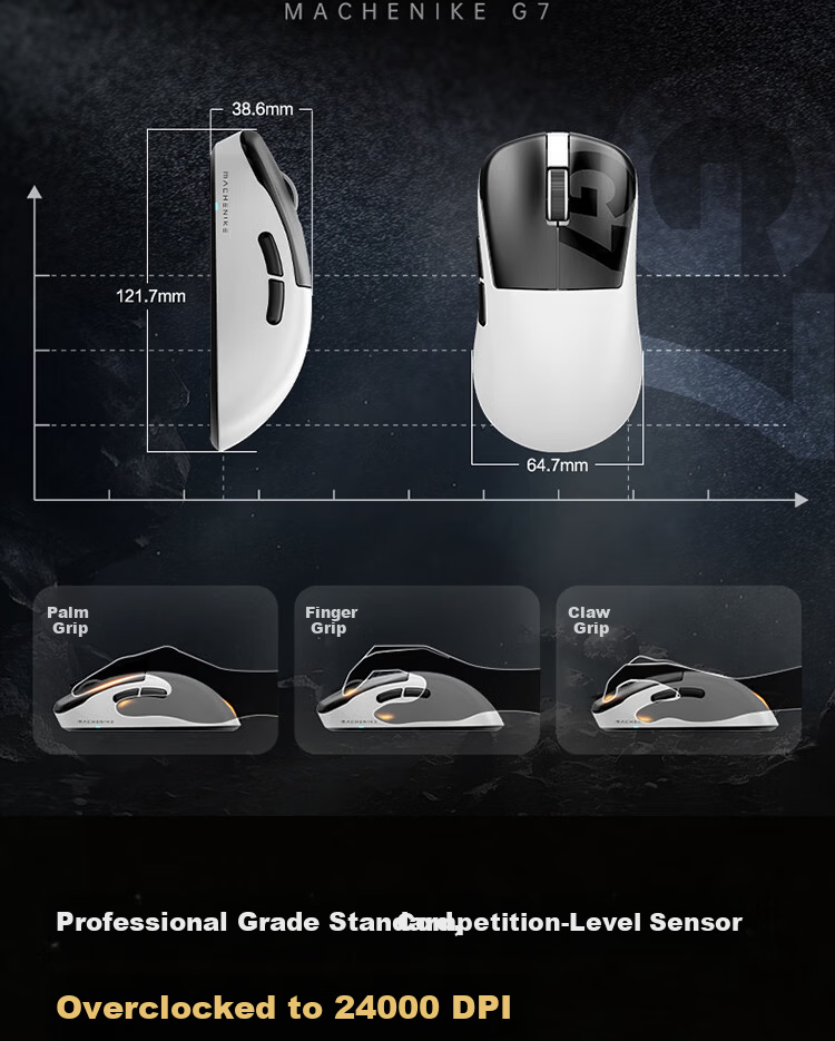 MACHENIKE G7 Lightweight Gaming Mouse Tri-Mode Connectivity Symmetrical Ergonomic Design Large Capacity Battery Long Battery Life Web Driver Black White 8