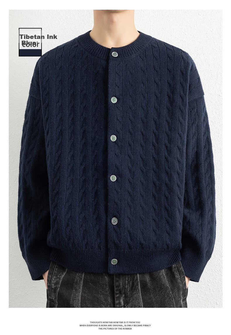ROMON Men's Knitted Cardigan Spring Autumn Casual Loose Drop Shoulder Sweater Round Neck Jacket Black M 7001 10