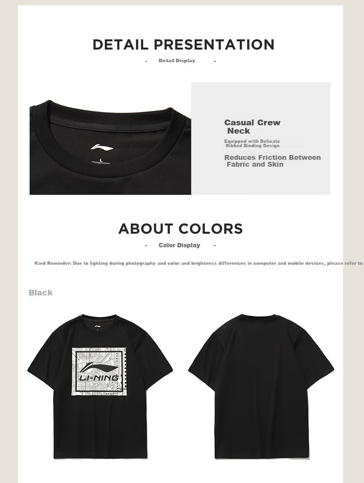 LI-NING Men's Breathable Lightweight Comfortable Summer T-Shirt Trendy Fashion Round Neck Printed Casual Versatile Sports Top 12