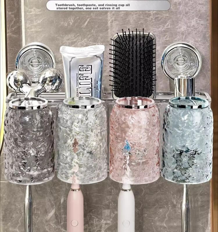 Jialifang Suction Cup Toothbrush Holder Wall-Mounted No Drilling Required with Handle Colorful Four-Cup Desig 6