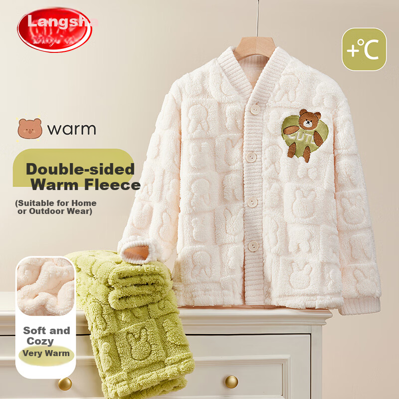 LangSha Fleece-Lined Thickened Flannel Children's Pajama Set Autumn Winter Boys Sleepwear Warm Clothes