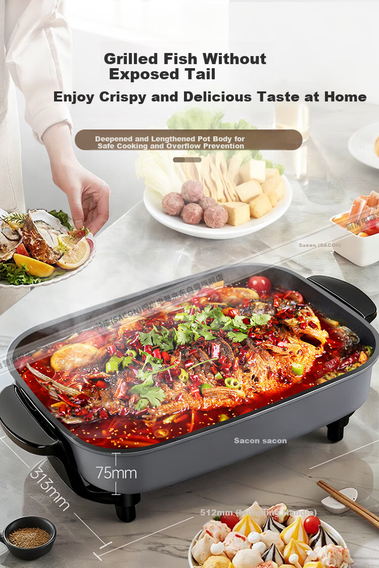 Sacon Electric Hot Pot Multifunctional Electric Frying Pan Grilled Fish Electric BBQ Stove Household Smokeless Electric Grill Large Capacity Non-stick Electric Skillet ML-8010C 4