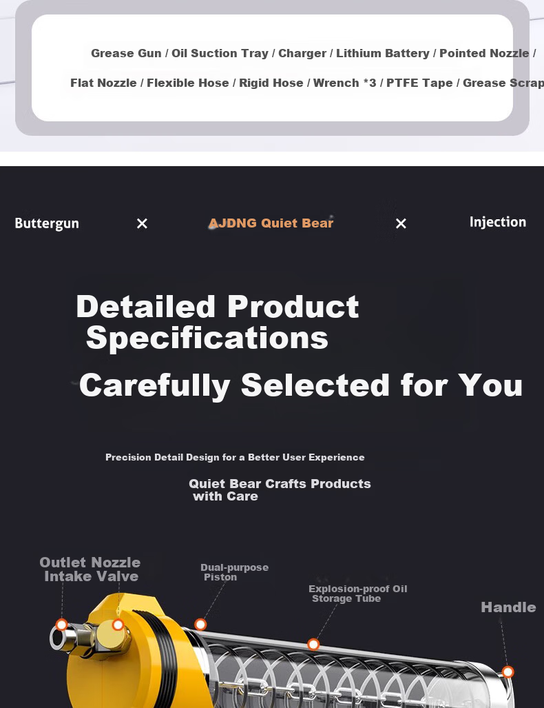 Quiet Bear Electric Grease Gun Rechargeable Lithium High-Pressure Excavator Portable Caterpillar Grease Injector Tool 19