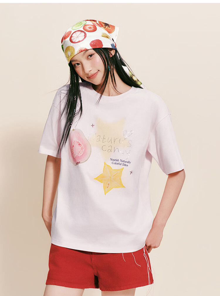Semir Women's Summer Short Sleeve T-Shirt Mid-Length Loose Pure Cotton Rhinestone Fruit Pullover 2026 109326100028 25