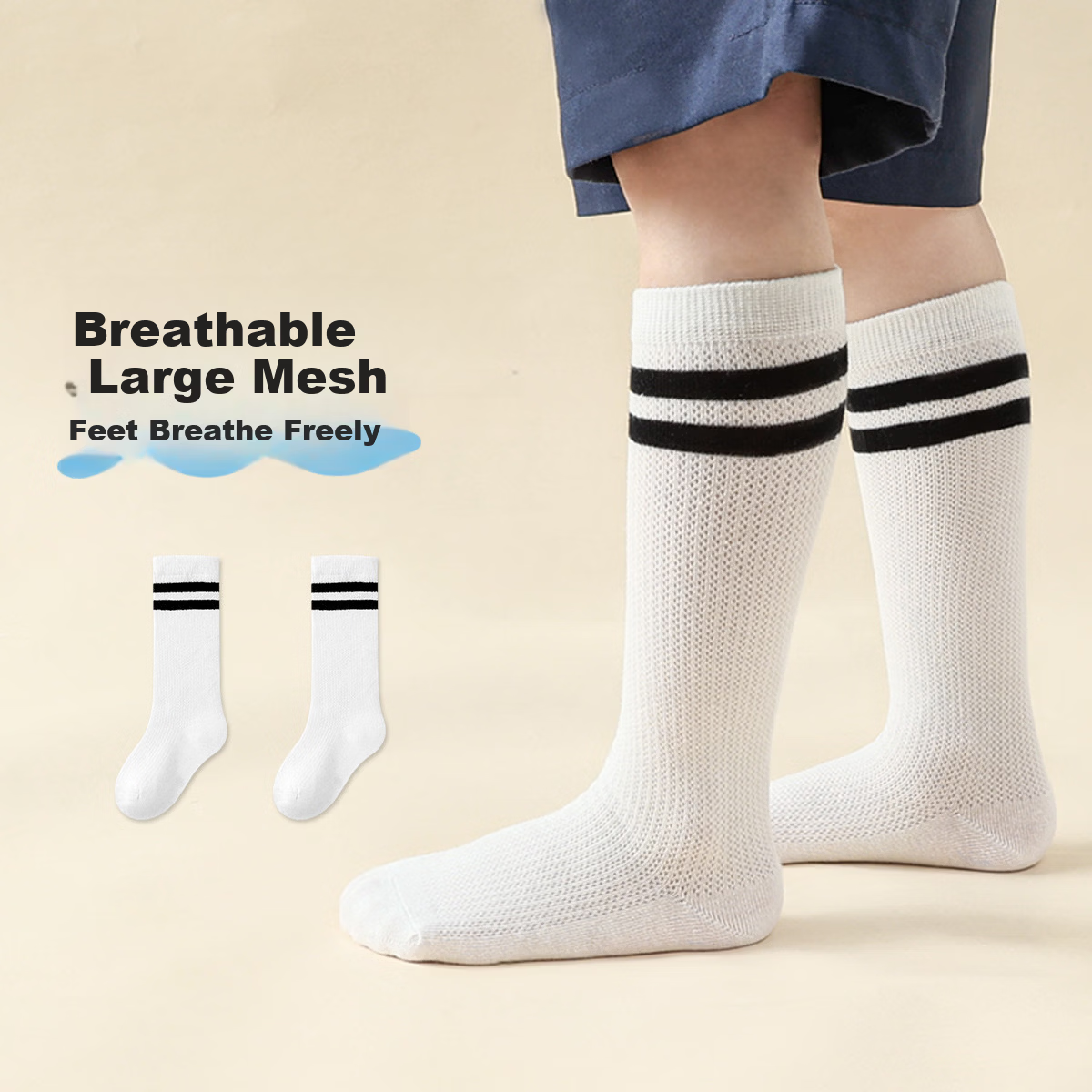 Babu Bean Kids Mesh Socks Spring Summer White Student Football Socks Breathable Mid-Calf Socks Calf Socks White 12-14cm