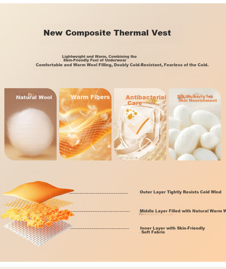 Hengyuanxiang 100% Wool Filled Men's Thermal Vest Thickened Warm Base Layer Sleeveless Jacket Waistcoat 3