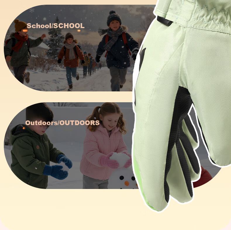 ANTA Kids Winter Thermal Gloves Cold-Resistant Ski Gloves for Boys and Girls, Fleece-Lined Thickened Outdoor Anti-Freeze Five-Finger Gloves, Green M 4