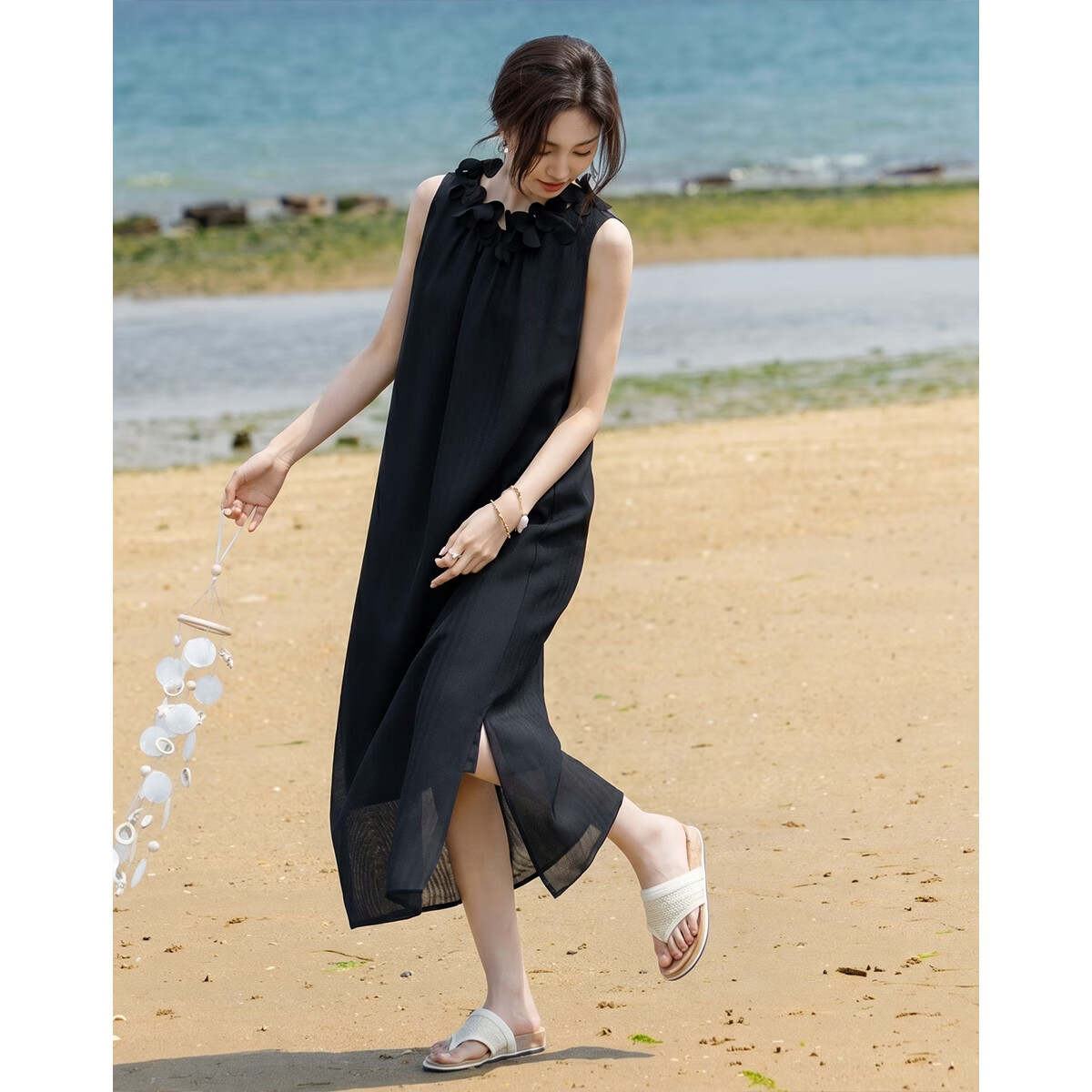 Demana Elegant Goddess Summer French Vacation Style Petal Collar Sleeveless A-Line Slim Dress for Petite Women