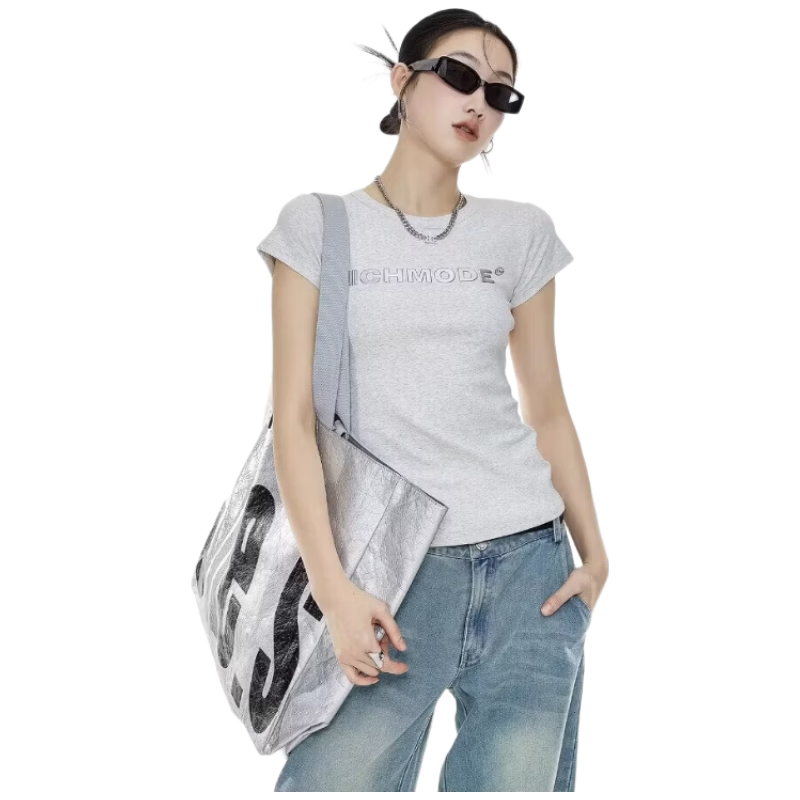 ICH MODE American Slim Fit Shoulder T-Shirt Women Summer New Short Crop Top Black White S