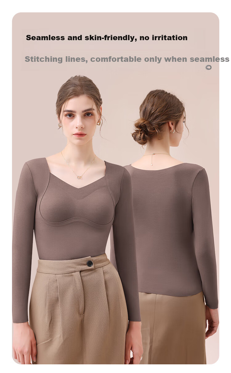 MiiOW Women's Cashmere Silk Thermal Underwear with Chest Pad, Autumn Slim Fit Base Shirt, Nude Color 9