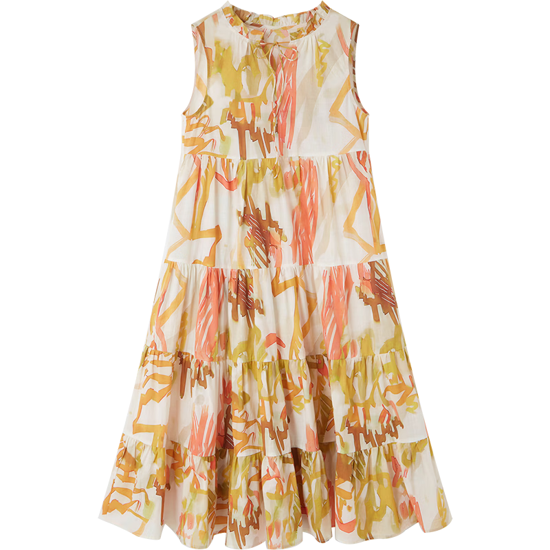 Demana [Oxygen Pure Cotton] Summer Vacation Style Tie-Waist Ruffle Collar Printed Slim Dress for Petite Women
