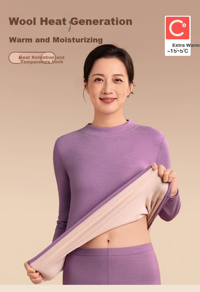 XUEXIMAN Women's Thermal Underwear Autumn Winter Middle-aged and Elderly Wool Silk 10A Antibacterial Warm Set Mid-neck Top and Bottom 1