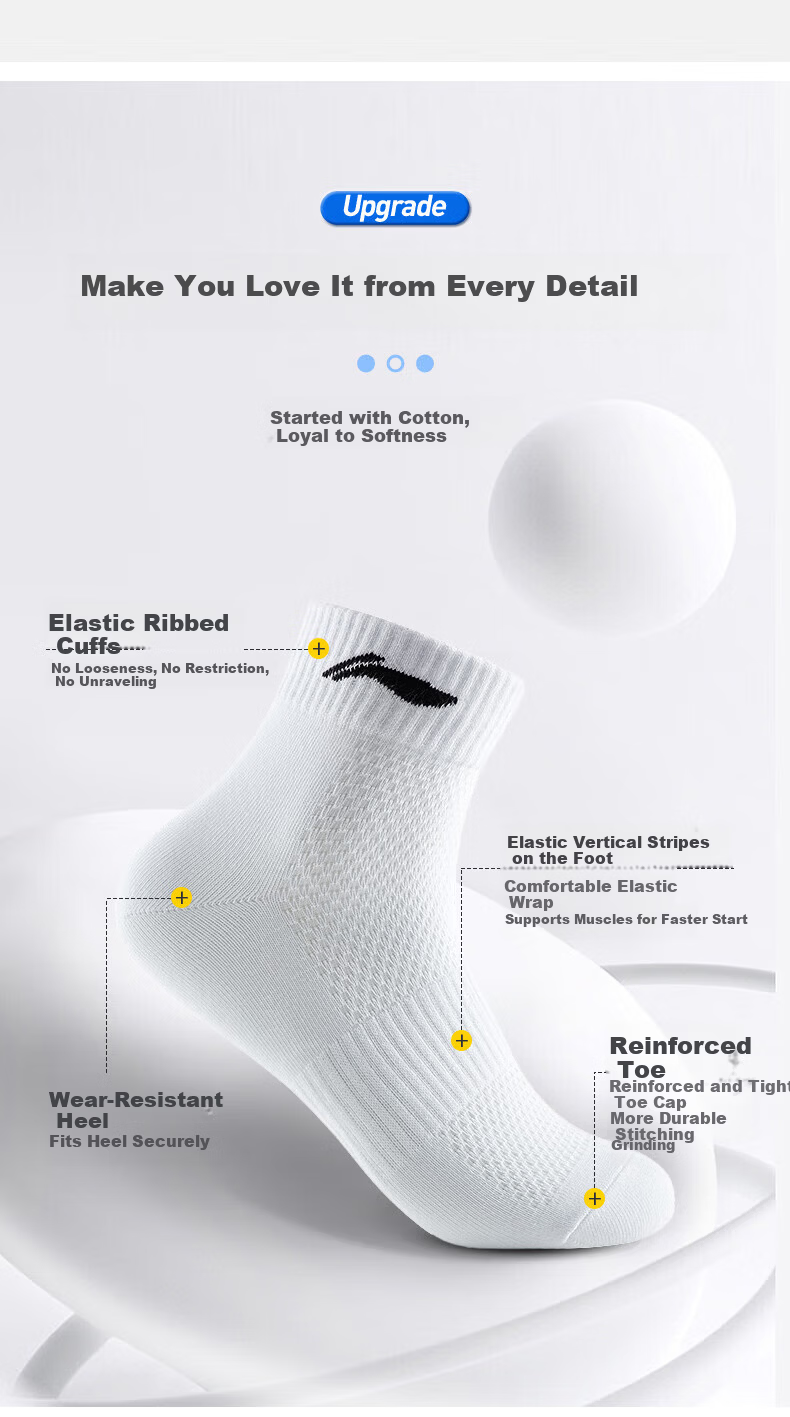 LI-NING Socks (3 Pairs) Sports Socks Yoga Socks All-Season Antibacterial Durable Running Socks Cotton Socks Black White Gray 4