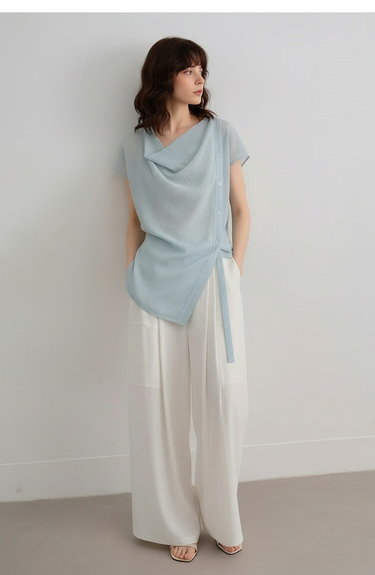 Demana [Translucent Aesthetics] Summer Draped Collar Adjustable Strap Shoulder Short Sleeve Lightweight Loose Slimming Women's Shirt 16