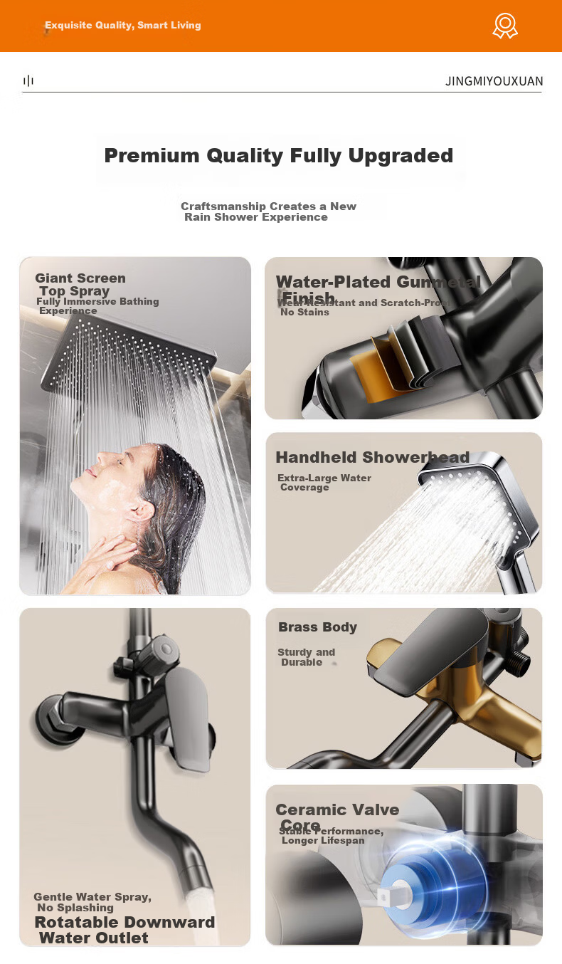 Jingmi Premium Shower Set Brass Gunmetal Shower Head Full Home Pressurized Bathroom Shower System 3
