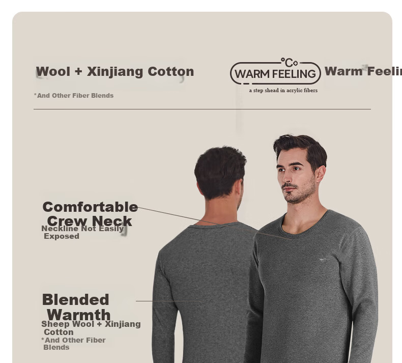 SEPTWOLVES [Wool Warmth] Thermal Underwear for Men, Fleece-Lined Thick Round Neck Winter Cold-Proof Warm Set 19