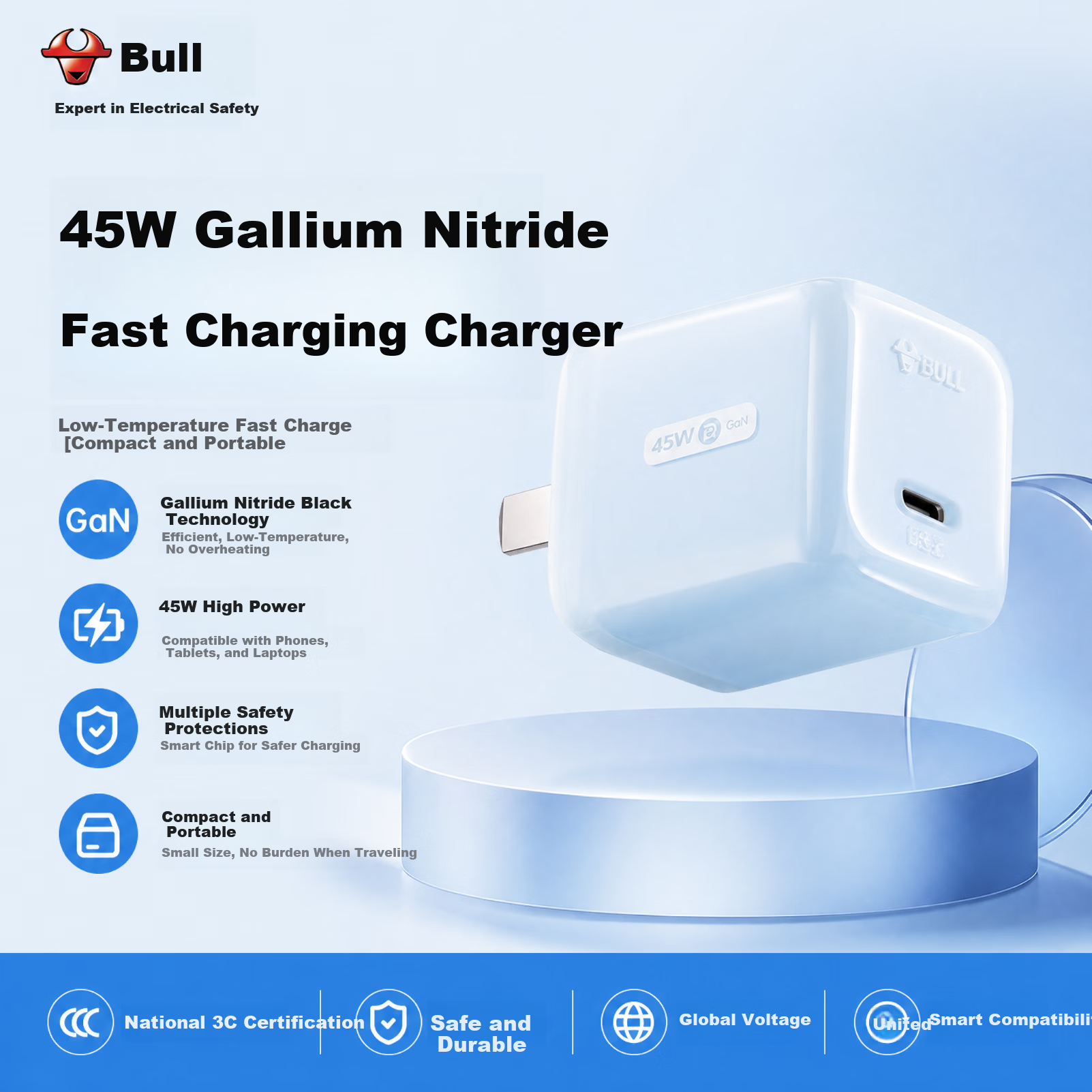 Bull [Ice Temperature Control Black Technology] 45W Ice Cube Apple 17 Charger GaN Type-C Fast Charger 40W PD Compatible with iPhone 16/15 Pro Max Plug