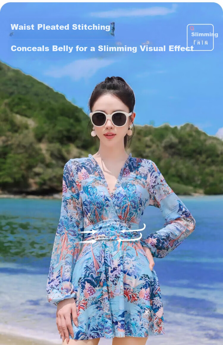 Xtep Women's Long Sleeve Swimsuit High-End Fashion Conservative Slimming One-Piece Skirt Style Plus Size Girl Tummy Control Hot Spring Vacation Swimwear 2