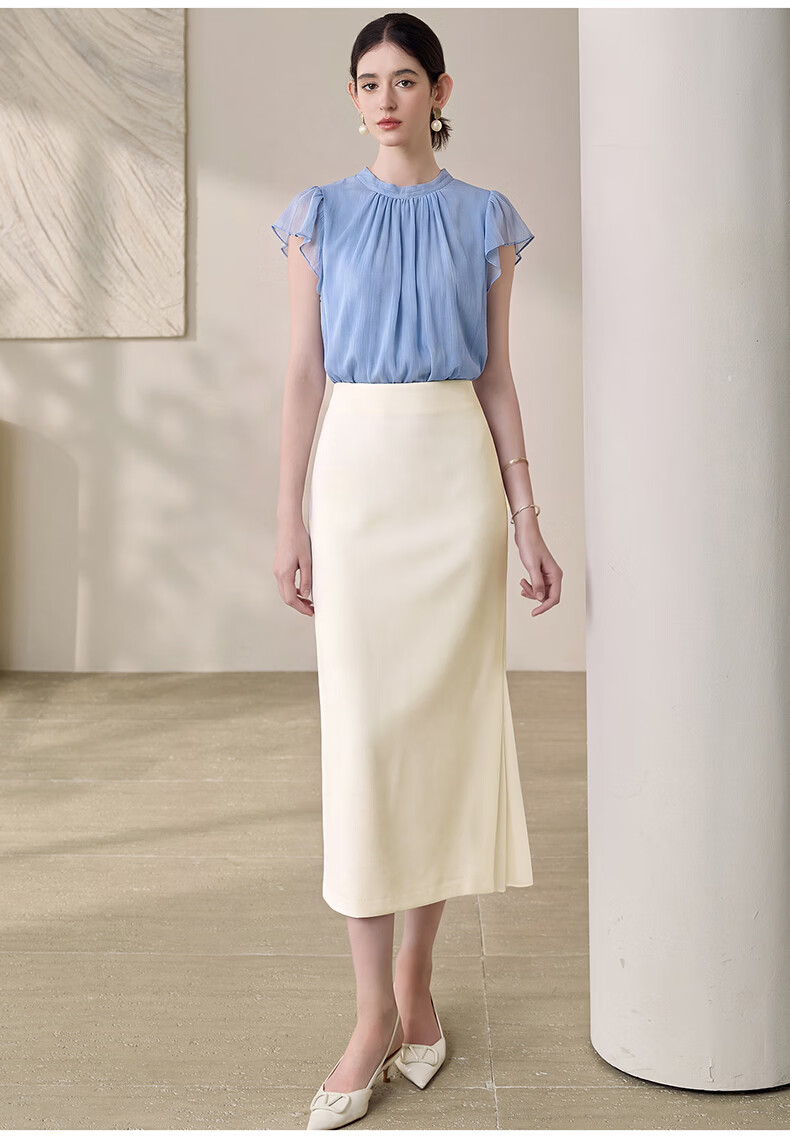 ROEYSHOUSE Elegant Workplace Flutter Sleeve Chiffon Blouse Summer French Pleated Top 13595 Light Blue S 7