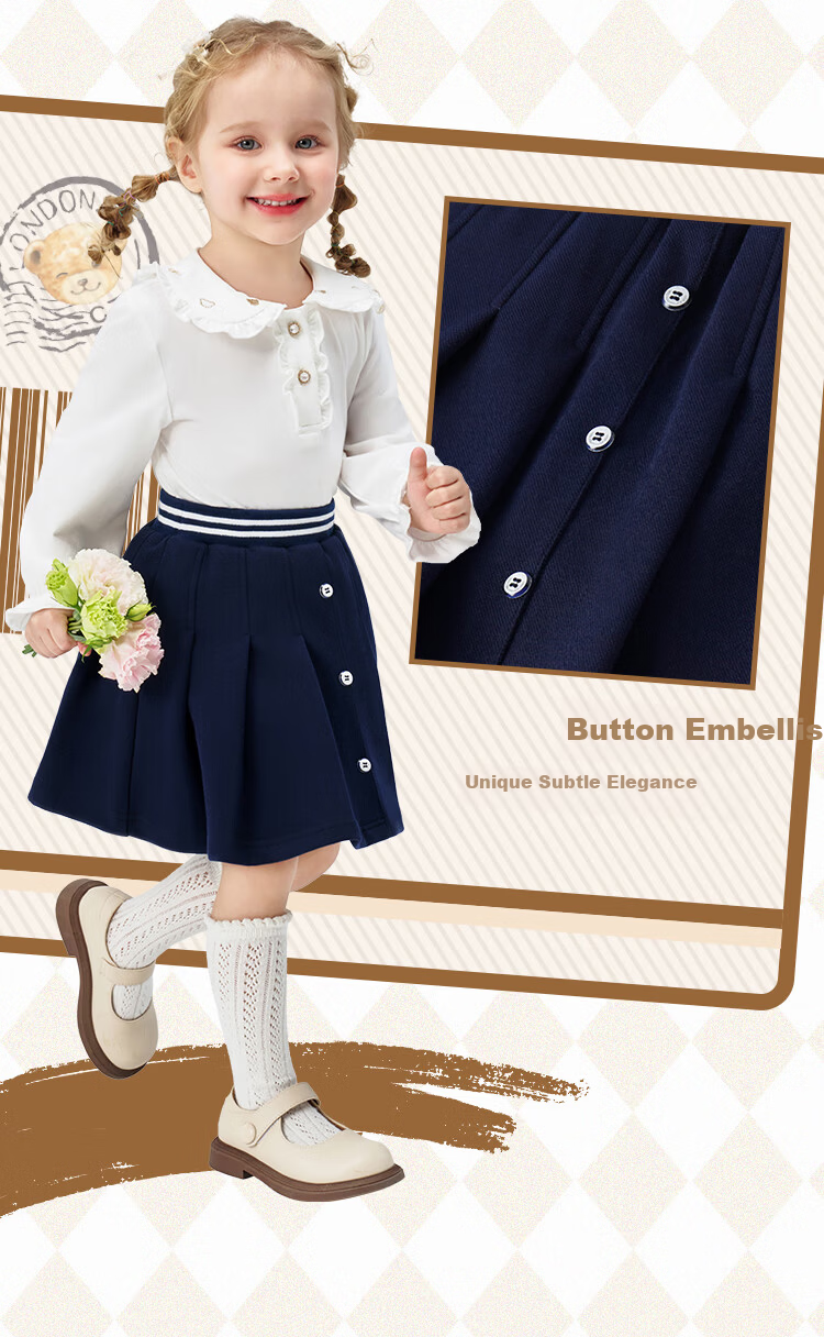 Classic Teddy Girls' Pleated Skirt Children's Sports Style Skirt Dark Blue Size 90 5