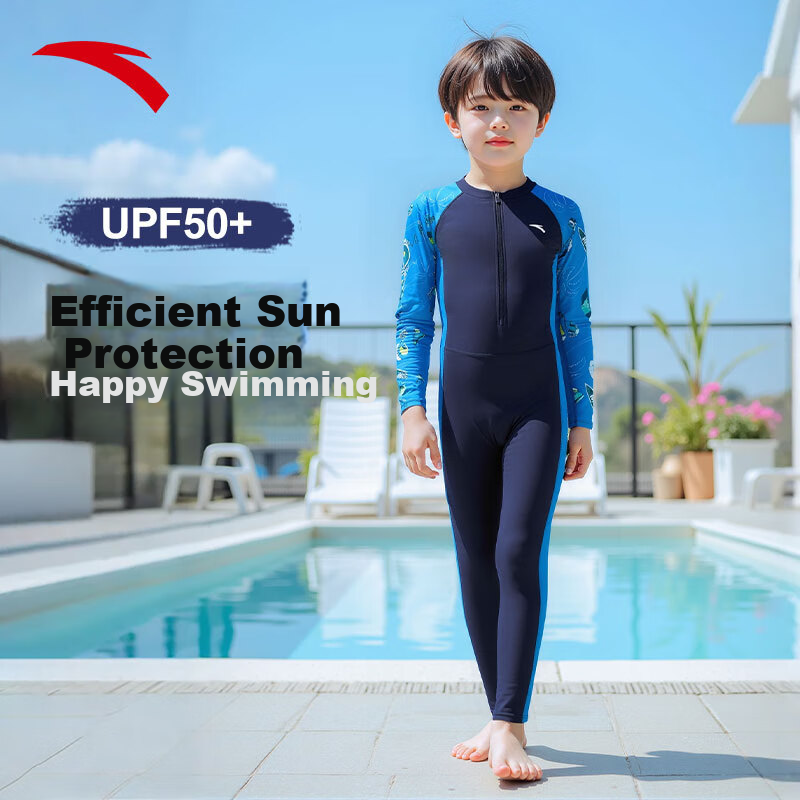 ANTA Kids Boys 2025 New Long Sleeve One-Piece Swimsuit Youth Children's Beach Sun Protection Quick-Dry Swimwear