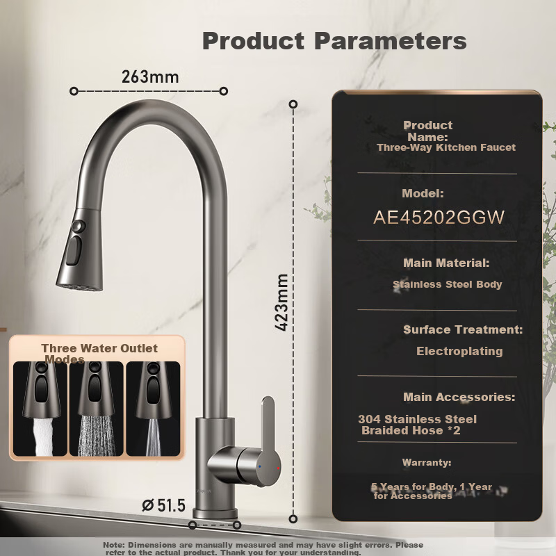 ARROW Kitchen Faucet Gunmetal Gray Dual Control Pull-Out Stainless Steel Sink Faucet