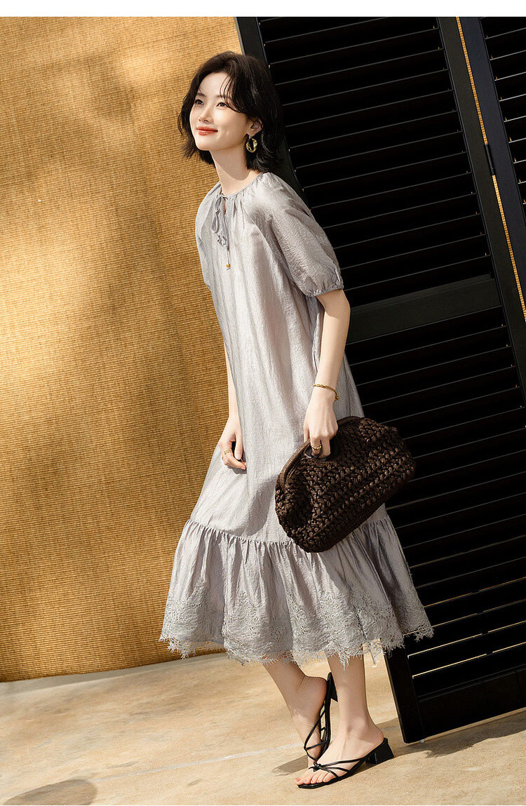 Demana Wrinkled Acetate Summer Vacation Style Tassel V-Neck Lace Splice Loose Mid-Length Women's Dress 16