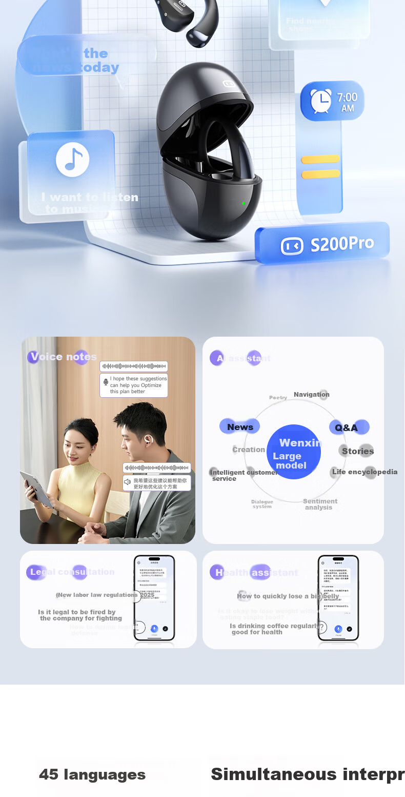 Xiaodu [Deng Kaitong Edition] S200PRO Bluetooth Earphones Air Conduction Concept Long Battery Life Wireless Sports Ear-Hook Compatible with Apple Huawei Blue 13