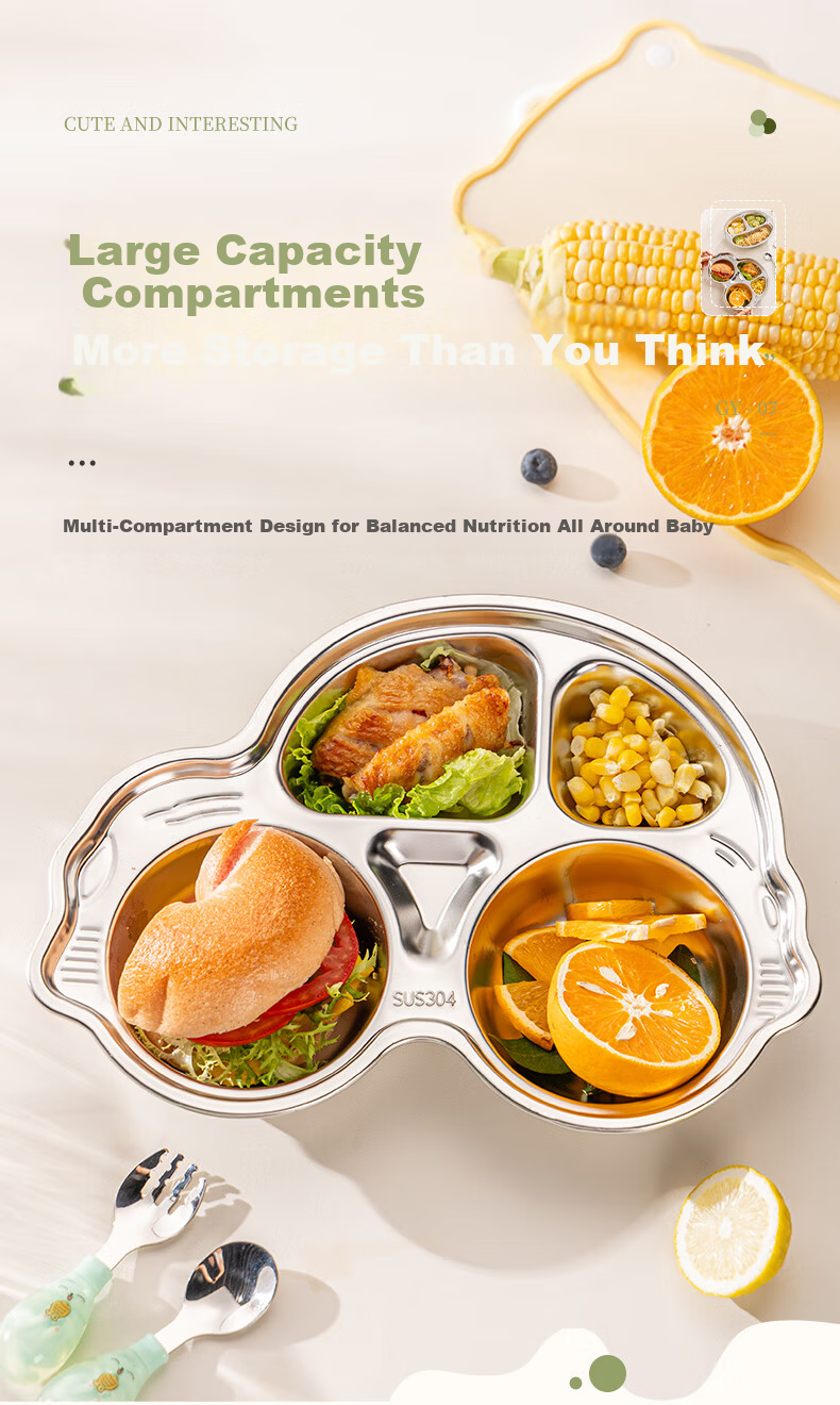 Guangyi 316 Stainless Steel Children's Divided Plate, Baby Home Use Four-Compartment Plate for Boys, Kindergarten Tableware GY1377 8