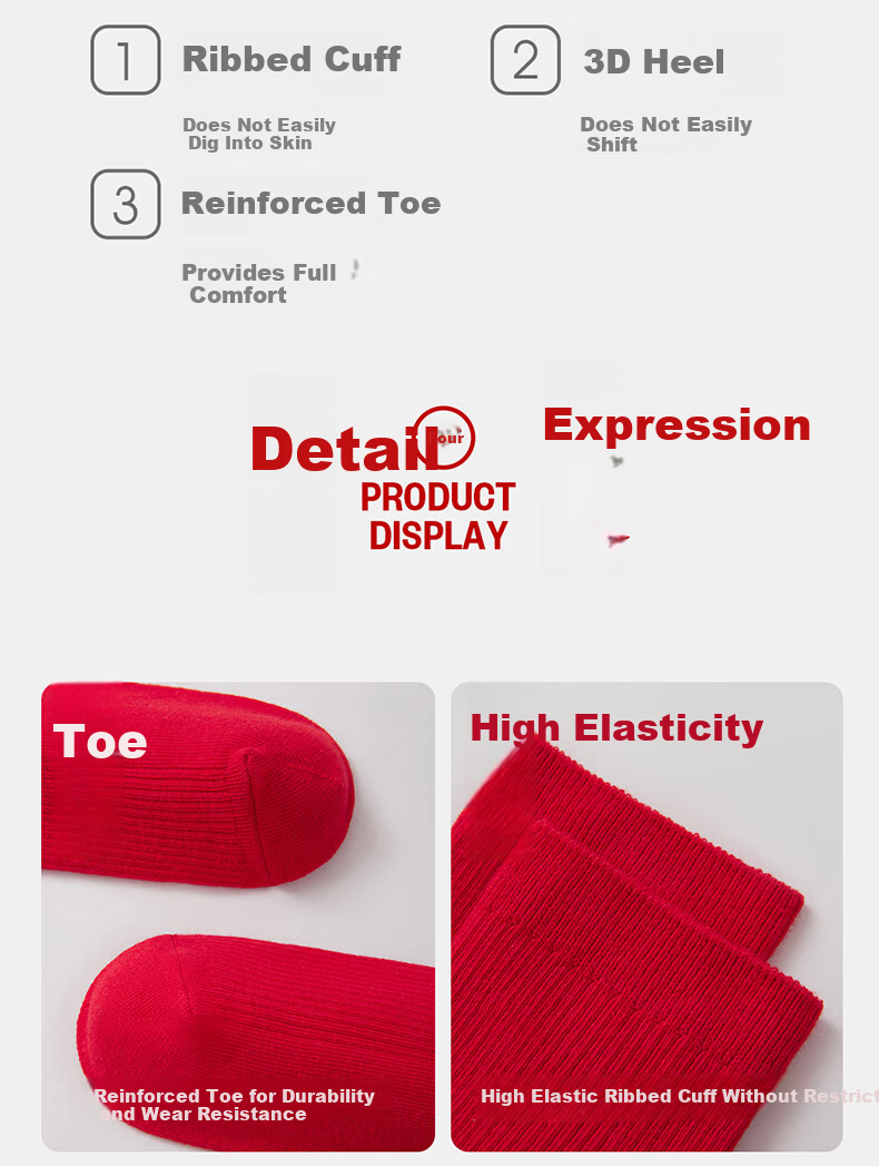 THREEGUN Qi Ji Red Women's Antibacterial Mid-Calf Breathable Red Elastic Cotton Socks Four Seasons Festive Casual Socks 1 Pair 11