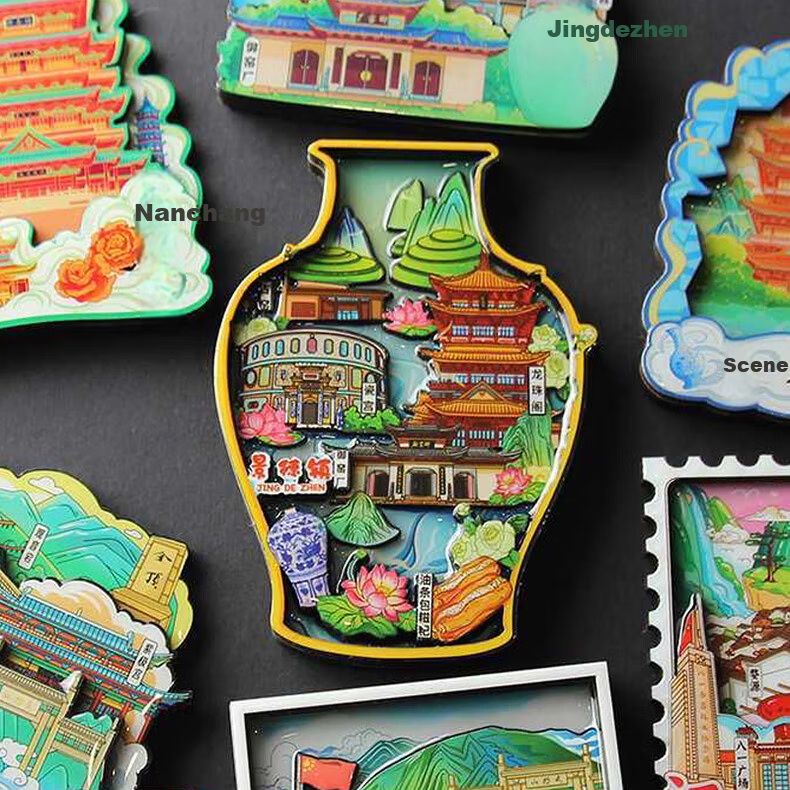 Yiju Changning Travel Souvenir Refrigerator Magnet 3-Layer Thickened 3D Textured Wooden Cultural Creative Gift Jingdezhen 8