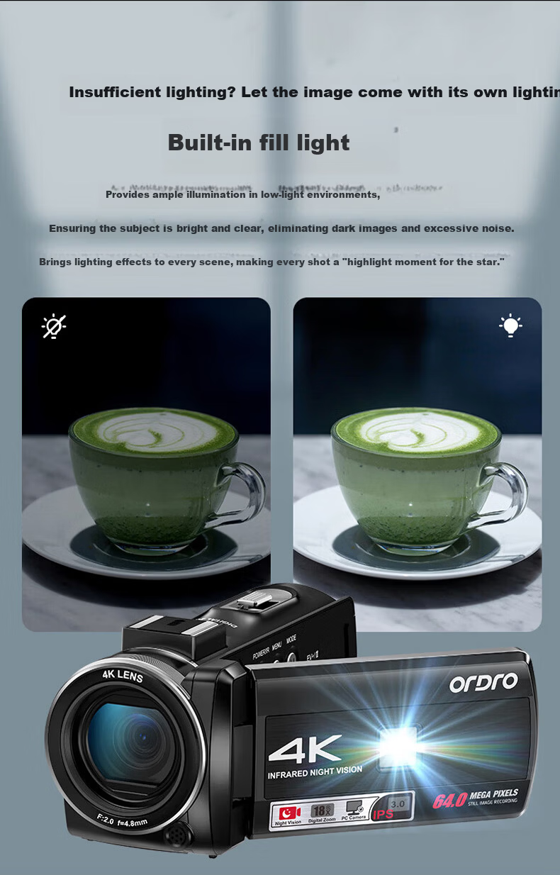 ORDRO Z36 4K HD Handheld DV Digital Video Camera 64MP Portable Vlog Short Video Home Travel Professional Anti-Shake Camcorder with Infrared Night Vision 16