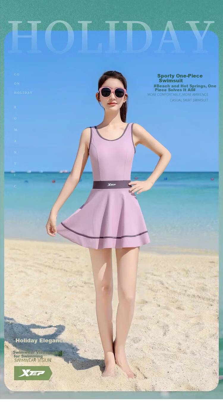 Xtep Women's Sleeveless One-Piece Swim Dress Slimming Tummy Control Conservative Beach Vacation Versatile Swimsuit 1