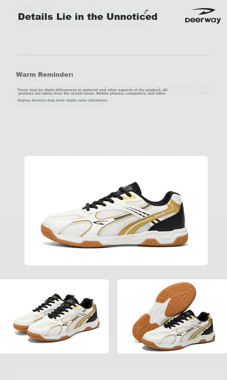 DEERWAY Badminton Shoes for Men And Women, Shock-Absorbing Comfortable Wear-Resistant Stable Support Competition Training Sports Shoes White Black Gold Size 35 24