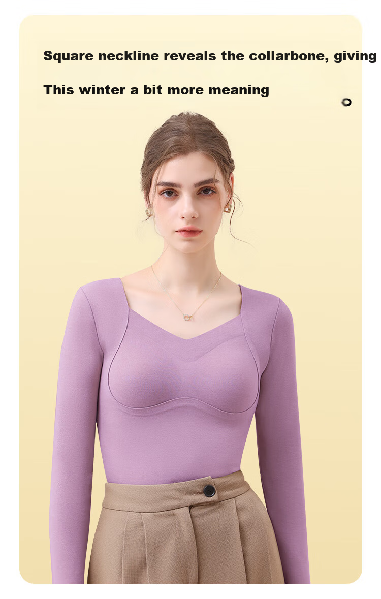 MiiOW Women's Cashmere Silk Thermal Underwear with Chest Pad, Autumn Slim Fit Base Shirt, Nude Color 7