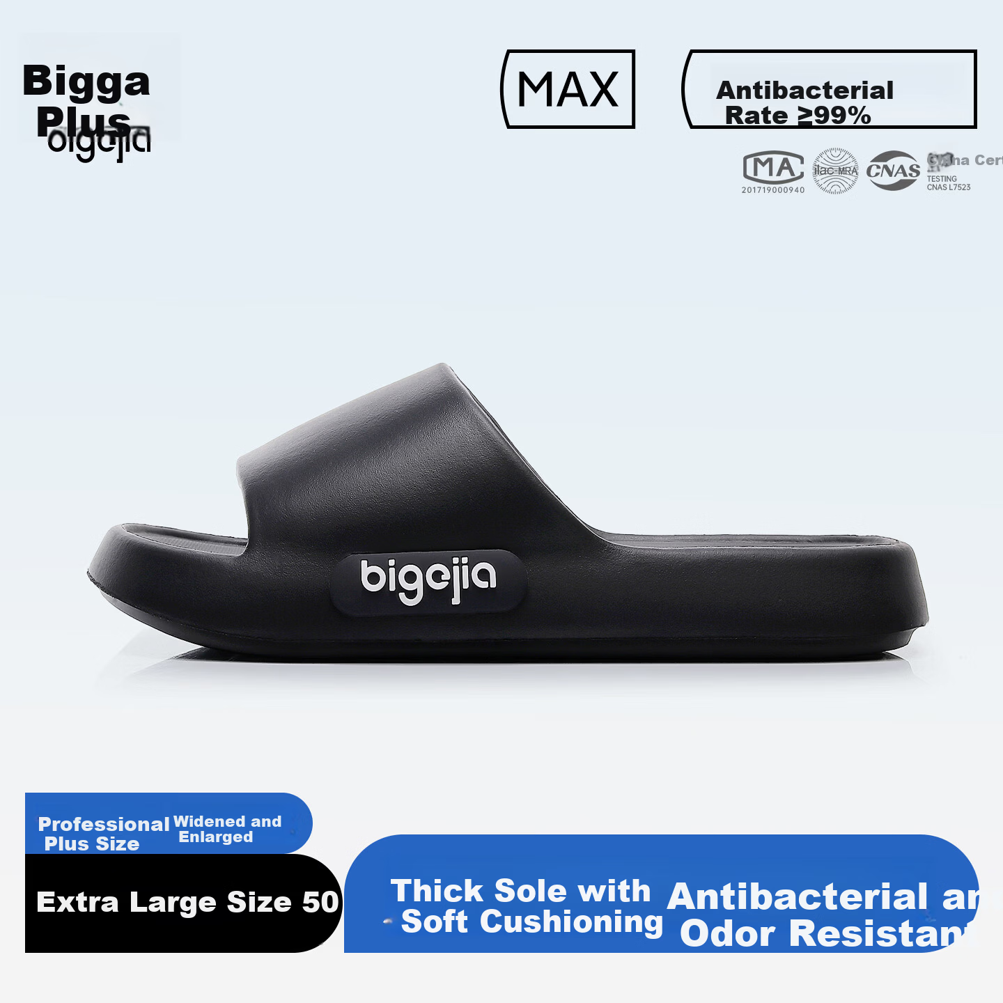 Bigga Plus Size Men's Slippers Indoor Home 4849 Shower Non-Slip EVA Extra Wide Summer Black 50-51
