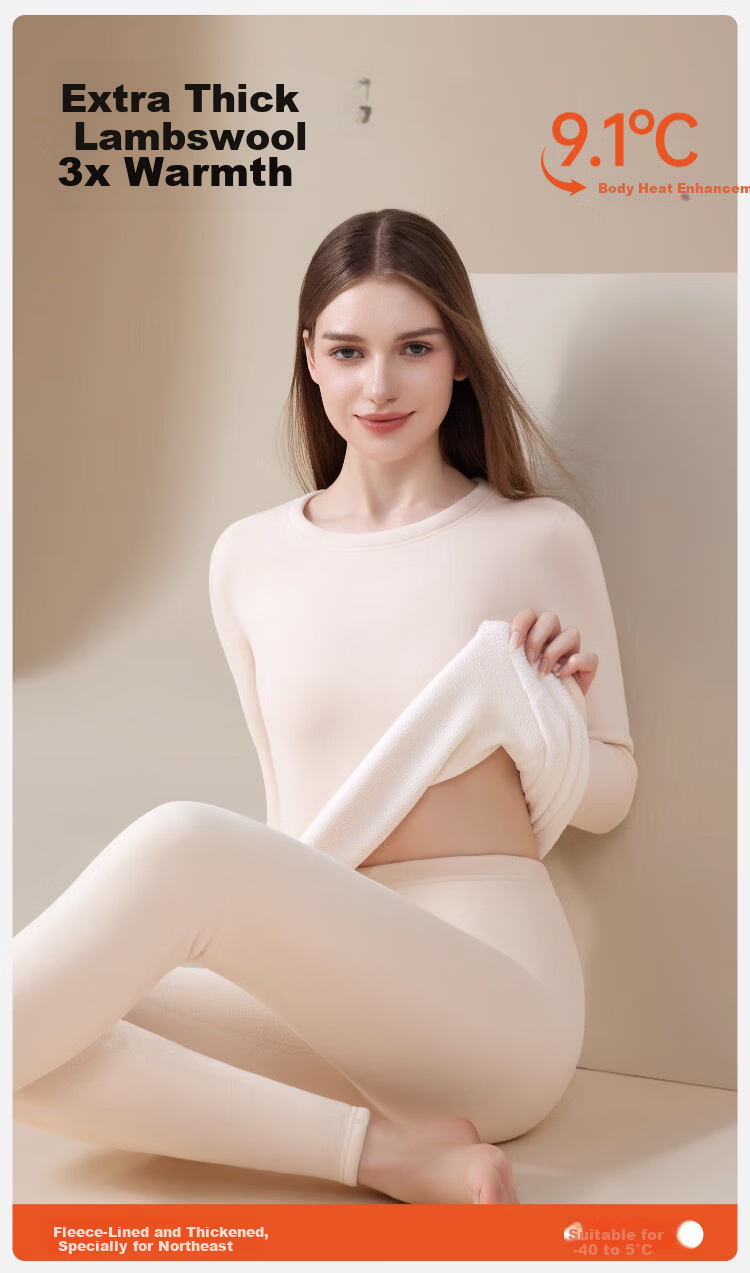 LangSha Ultra Thick Thermal Women's Fleece-Lined Autumn Winter Heating Lamb Wool Northeast Exclusive Autumn Shirt and Pants Set 2