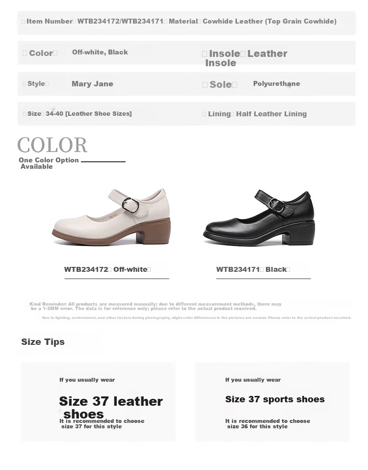 Red Dragonfly Women's Breathable Leather Mary Jane Shoes with Velcro, Chunky Heel, Low-Cut Flats WTB234172 Off-White Size 36 3