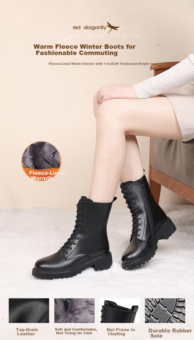 Red Dragonfly Women's Martin Boots Winter Warm Fleece Lined Short Boots Versatile Cowhide High-top Women's Boots WTC454831 Black Size 38 1