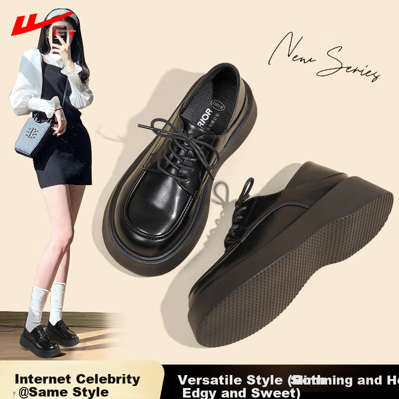 Warrior British Style Women's Small Leather Shoes Spring Summer Versatile Thick Sole Loafers Fashion Comfortable Casual Shoes Black Size 35
