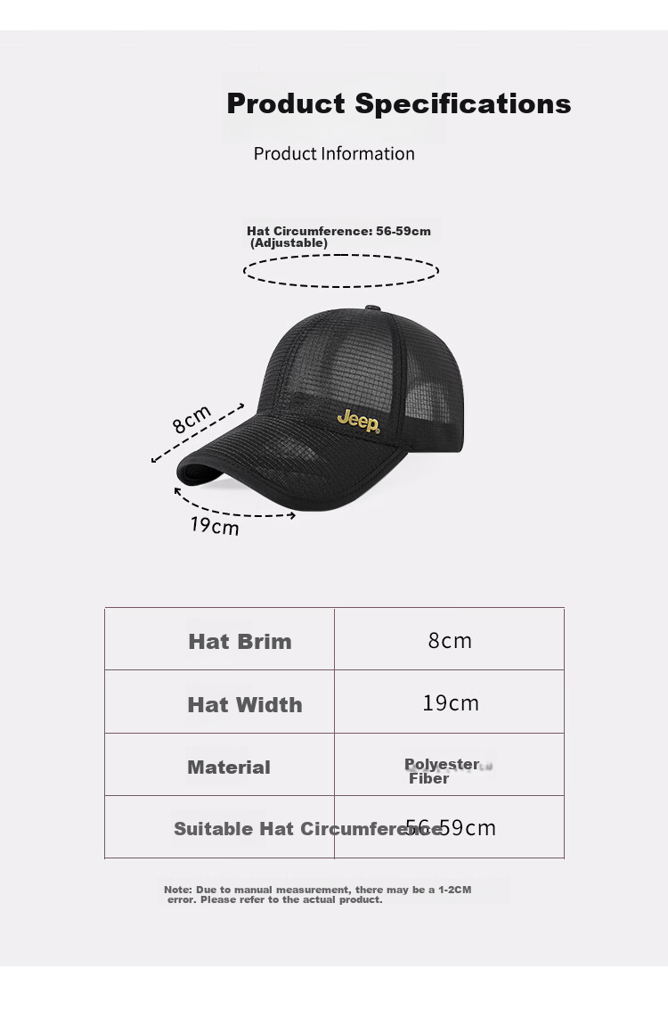 JEEP Breathable Mesh Cap Spring Summer Sun Protection Outdoor Sports Baseball Cap Lightweight for Men and Women Large Head Size 10