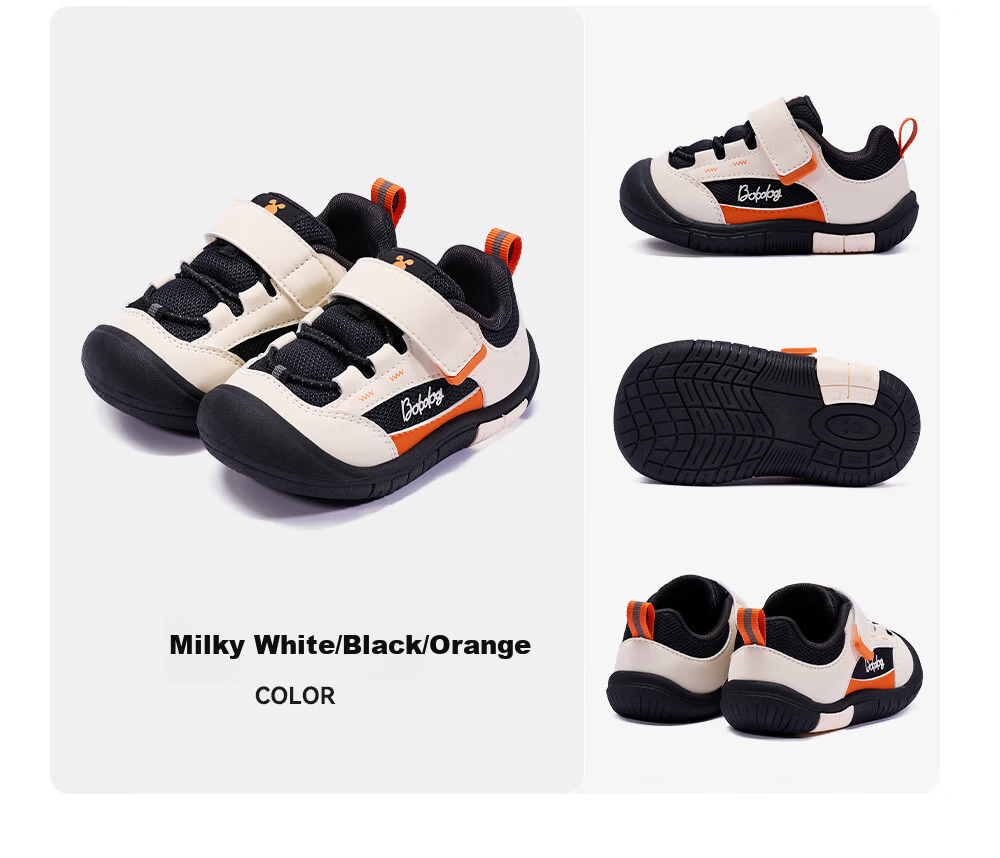 BOBDOG Toddler Baby First Walking Shoes 26 Spring New Boys Girls Soft Sole Non-Slip Functional Shoes Milk White/Black/Orange Size 24 20