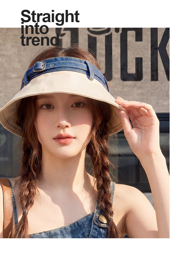 CACUSS Women's Denim Open-Top Cap Summer Sweet Cool Face-Slimming Sun Hat Outdoor Casual Foldable Sun Hat Apricot Beige 7