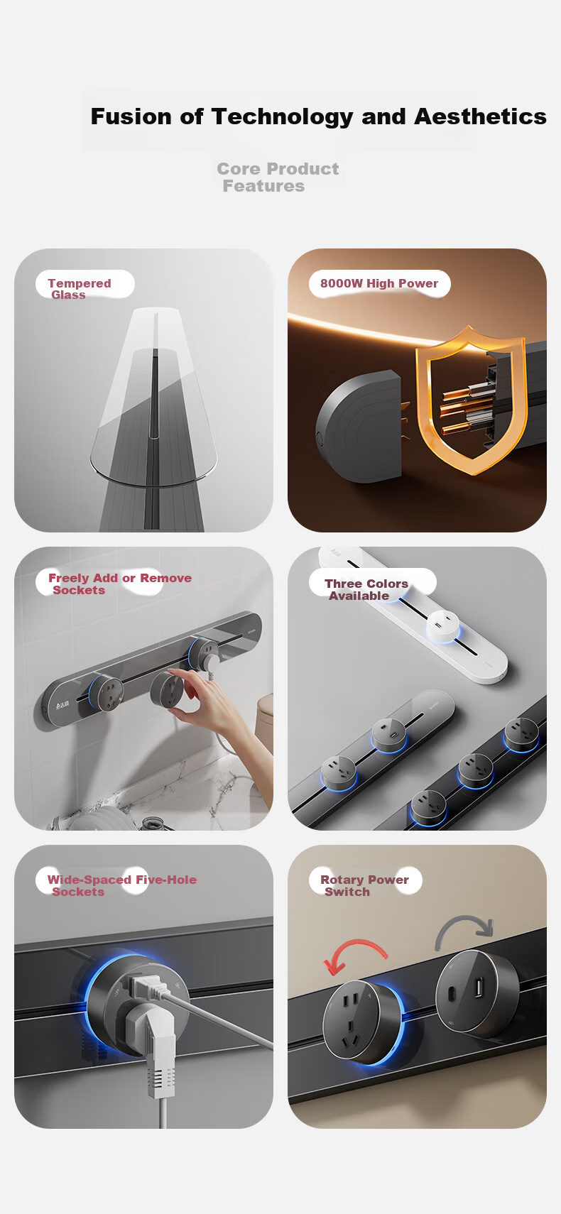 CHIGO Track Socket Tempered Glass Oil-Resistant Kitchen Power Rail Socket Surface Mounted Wall-Mounted Movable Sliding Rail Socket 50cm + 3 Three-Prong Outlets Silver Gray 4